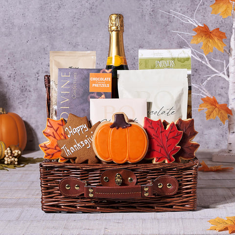 Deluxe Thanksgiving Treats Basket, champagne gift, champagne, sparkling wine gift, sparkling wine, gourmet gift, gourmet, cookie gift, cookie