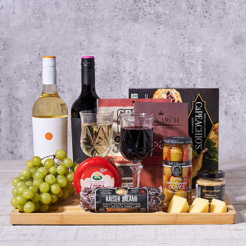Luxurious Cheese & Wine Gift Set, wine gift, wine, gourmet gift, gourmet, fruit gift, fruit, charcuterie gift, charcuterie