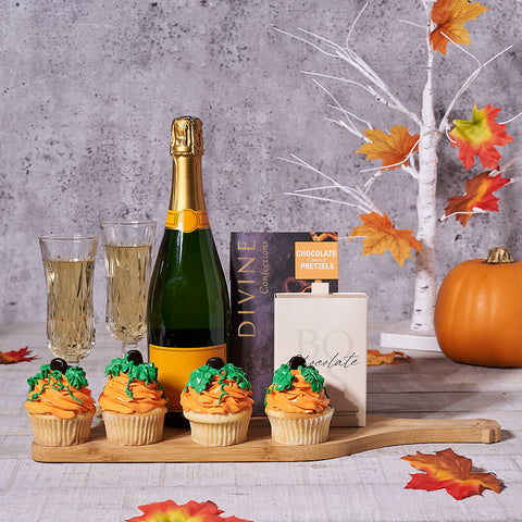 Thanksgiving Bubbly & Snacks Bounty, champagne gift, champagne, sparkling wine gift, sparkling wine, gourmet gift, gourmet, cupcake gift, cupcake, thanksgiving gift, thanksgiving, fall gift, fall