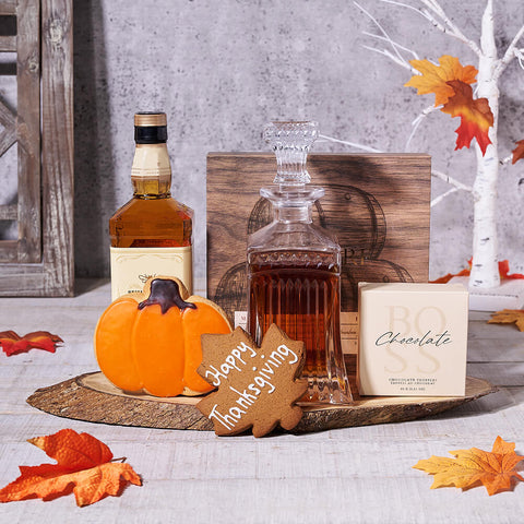 The Thanksgiving Spirits & Snacks Platter, liquor gift, liquor, gourmet gift, gourmet, decanter gift, decanter, thanksgiving gift, thanksgiving, fall gift, fall