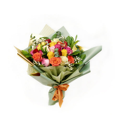Mixed rose bouquet in red, yellow, and orange. Canada Delivery