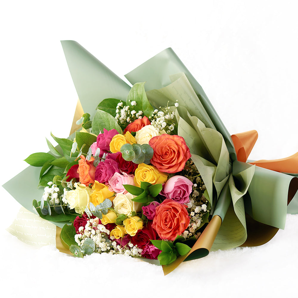 Mixed rose bouquet in red, yellow, and orange. Canada Delivery