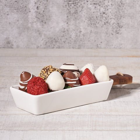 Boxwood Dish of Chocolate Dipped Strawberries, Valentine's Day gifts, chocolate dipped strawberries