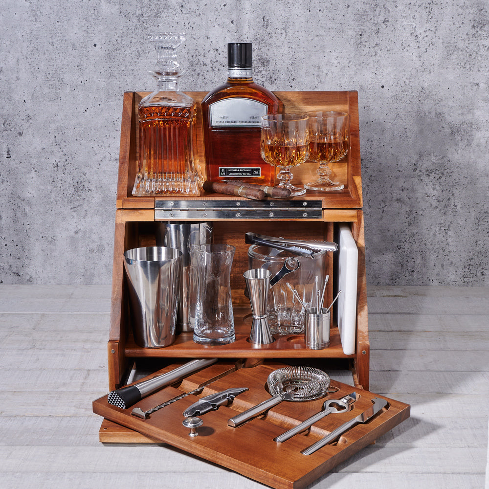 Whiskey Decanter & Barware Presentation Chest, liquor gift, liquor, liquor gift basket, decanter gift, decanter, cigar gift, cigars, Set 24926-2022, bar gift set, barkeeper gift
