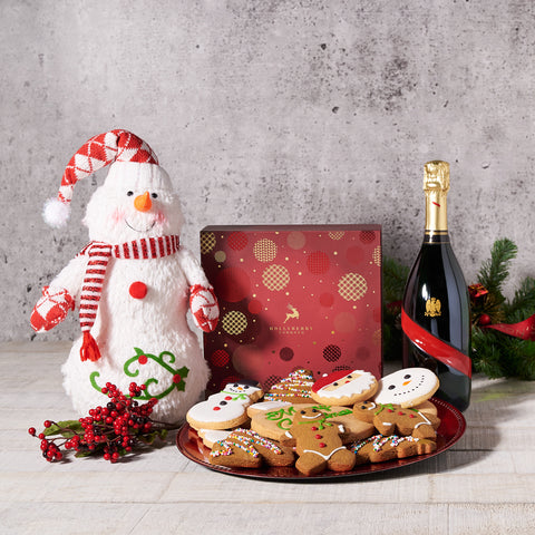 Christmas Cookie & Classic Snowman Set with Champagne, Plush, champagne gift baskets,  Champagne Gift Basket, champagne, cookies