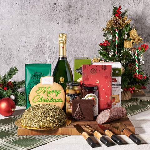 Holiday Champagne & Cheese Ball Gift Basket, Christmas Gift Baskets, Champagne Gift Baskets, Xmas Gifts, Pretzels, Champagne, Jam, Chocolate, Salami, Crackers, Canada Delivery