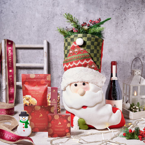 Santa’s Stocking Gift Set With Wine, Santa’s Stocking Gift Set With Wine, Wine Gift Baskets, Gourmet Gift Baskets, Chocolate Gift Baskets, Xmas Gifts, Chocolates, Stocking, Cookies, Popcorn, Wine, Canada Delivery