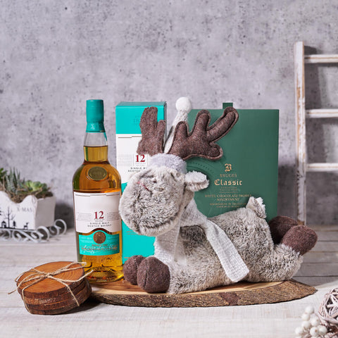 Rudolph’s Liquor & Snacking Gift Basket, christmas gift, christmas, holiday gift, holiday, liquor gift, liquor, plush gift, plush, chocolate gift, chocolate