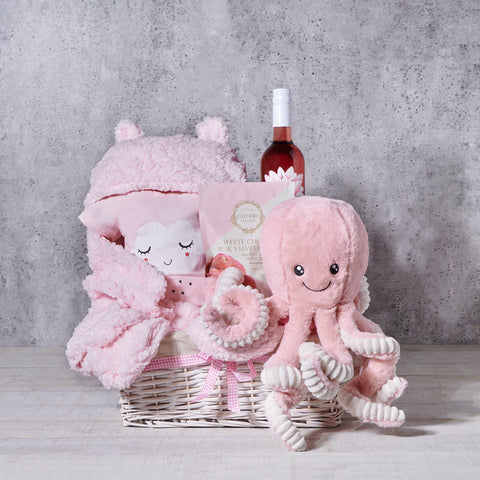 New Baby Girl Octopus Gift with Wine, baby gift, baby, baby girl gift, baby girl, wine gift, wine, baby shower gift, baby shower
