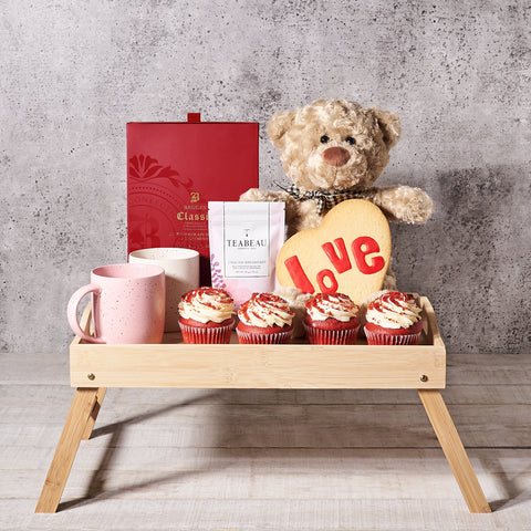 Warm Cuddles Tea Gift Basket , Valentine's Day gifts, plush gifts, cupcake gifts