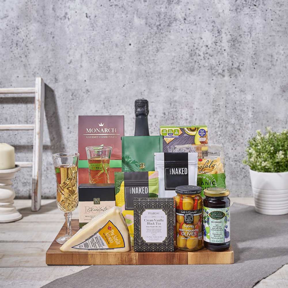 All A Board! Kosher Champagne Gift Basket, champagne gift, champagne, sparkling wine gift, sparkling wine, coffee gift, coffee, kosher gift, kosher, Canada delivery