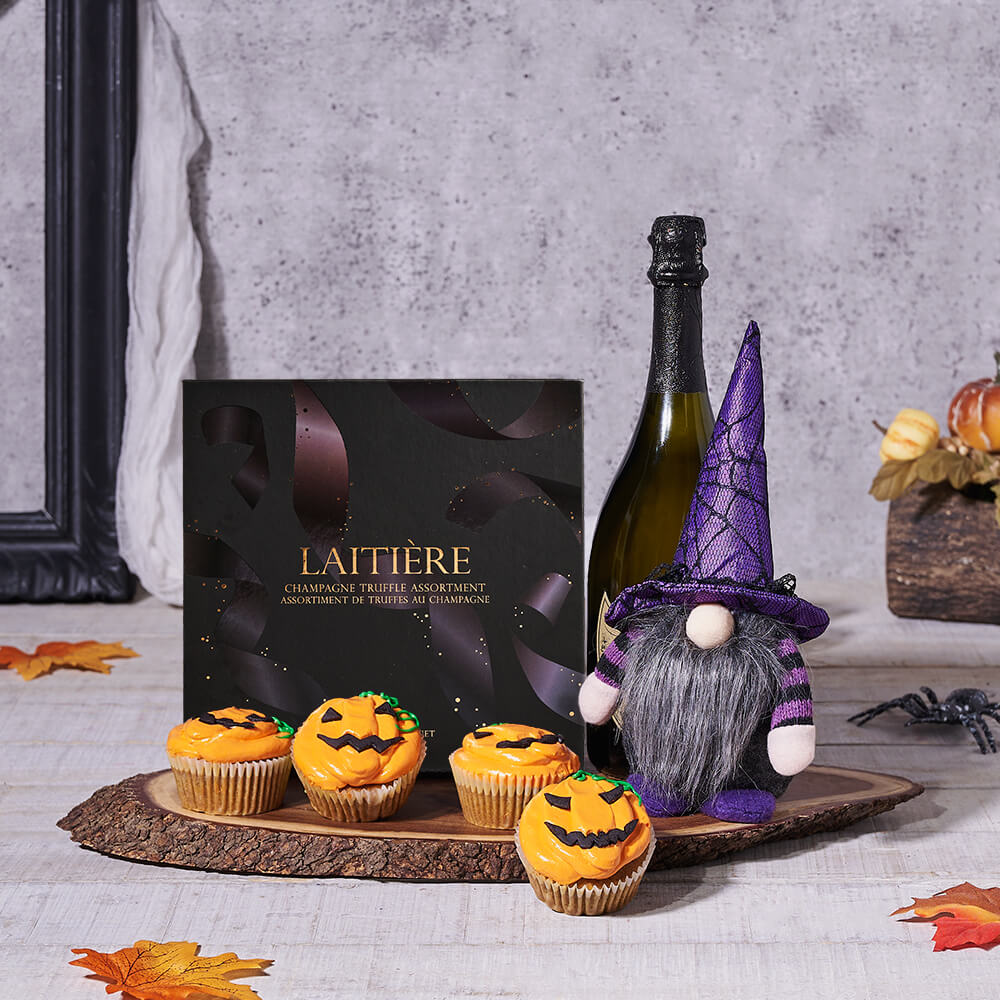 Champagne & Cupcake Halloween Gift, champagne gift, champagne, sparkling wine gift, sparkling wine, halloween gift, halloween, gourmet gift, gourmet, cupcake gift, cupcake