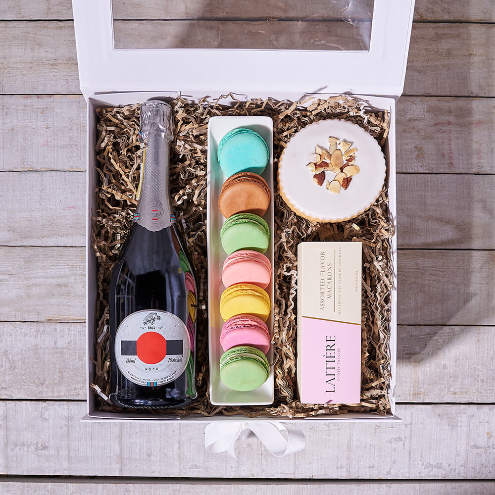 Indulgent Sparkling Wine &amp; Macaron Affair, champagne gift, champagne, sparkling wine gift, sparkling wine, gourmet gift, gourmet, cookie gift, cookie