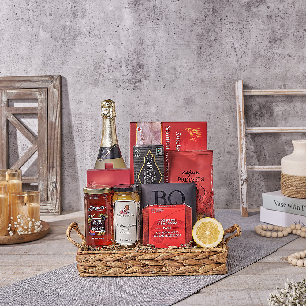 Champagne & Salmon Gourmet Gathering Basket, champagne, sparkling wine gift, sparkling wine, seafood gift, seafood, Canada delivery