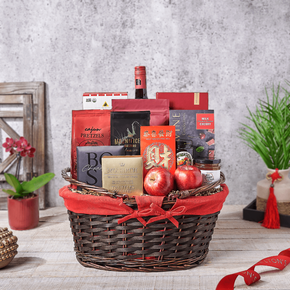 Chinese Good Fortune Gift Basket, chinese new year gift, chinese new year, lunar new year gift, lunar new year, wine gift, wine, Canada delivery