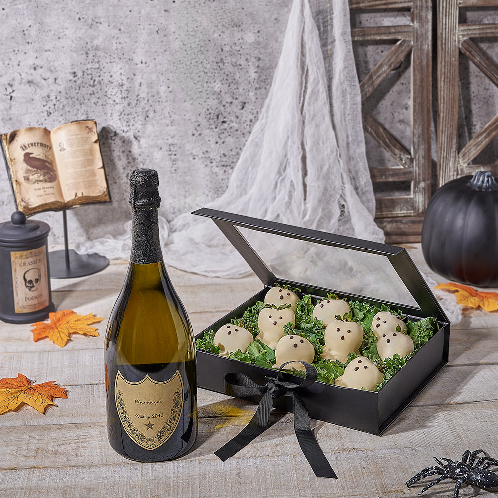 Chocolate Dipped Strawberries Halloween Celebration, Halloween Snack crate, Halloween gift baskets, halloween, holiday gift, holiday, chocolate dipped strawberries, chocolate covered strawberries, sparkling wine, sparkling wine gift, champagne gift, champagne