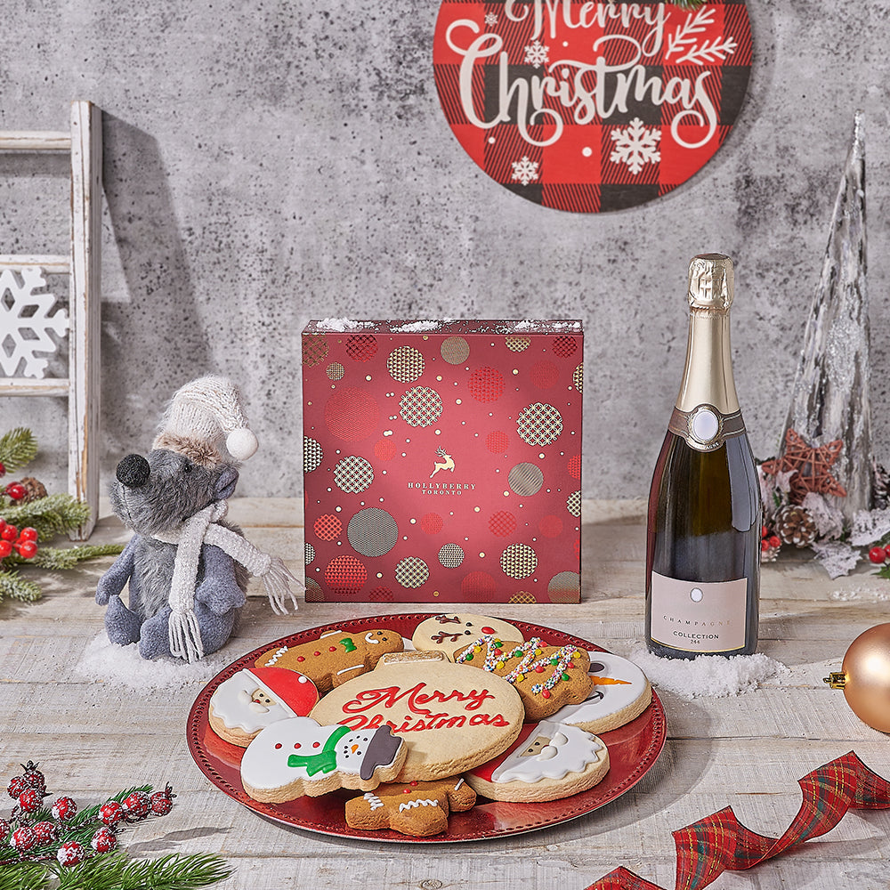 Sparkling Christmas Cookie Celebration with Plush, christmas gift, christmas, champagne gift, champagne, sparkling wine gift, sparkling wine, cookie gift, cookie, Canada delivery