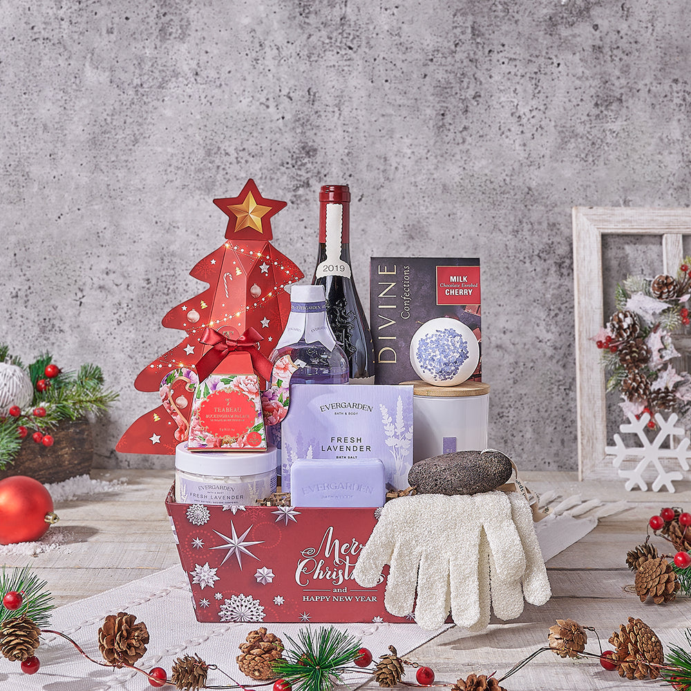 Holiday Wine & Lavender Spa Gift Basket, christmas gift, christmas, wine gift, wine, tea gift, tea, spa gift, spa, bath gift, bath