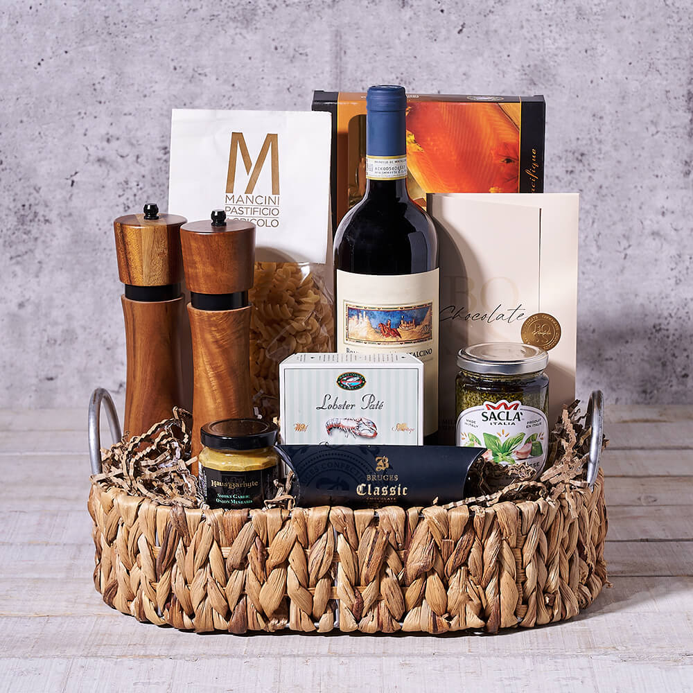 Italian Pasta Night Wine Gift Basket, gourmet gift, gourmet, wine gift, wine, seafood gift, seafood, pasta gift, pasta