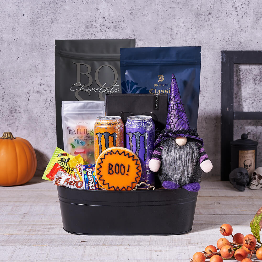 Halloween Party Popcorn Basket, gourmet gift, gourmet, candy gift, candy, halloween gift, halloween, energy drink gift, energy drink, popcorn gift, popcorn