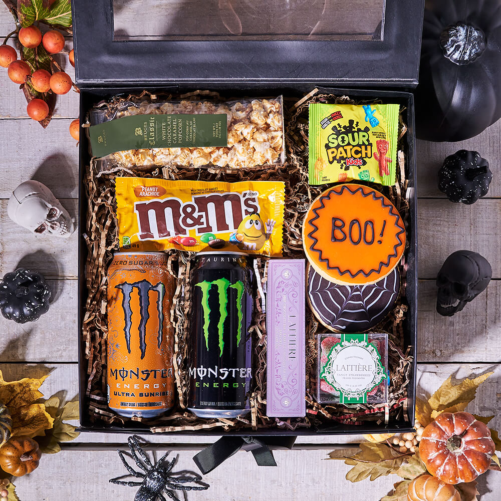 Happy Halloween Snack Box, halloween gift, halloween, gourmet gift, gourmet, energy drink gift, energy drink, candy gift, candy
