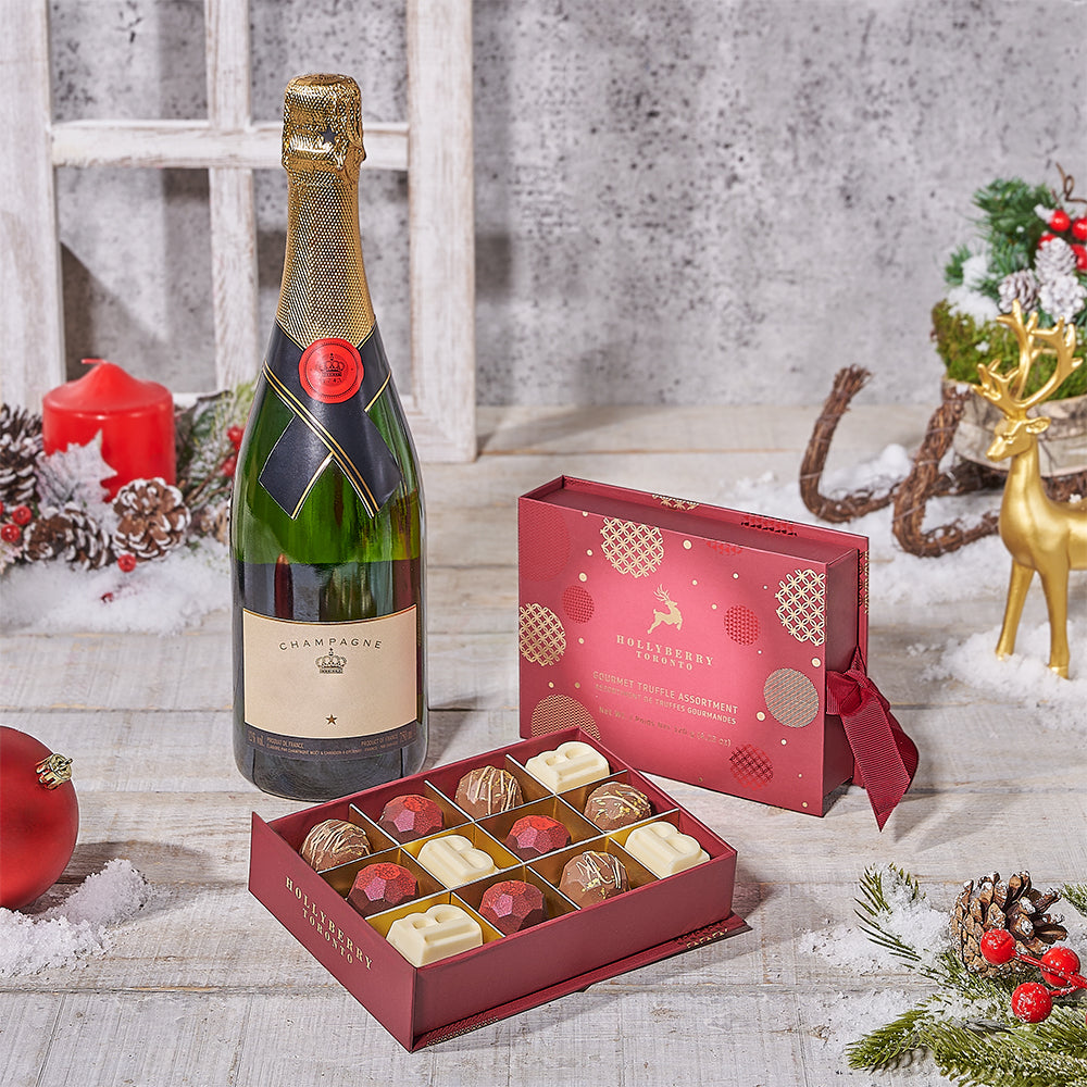 Holiday Champagne &amp; Chocolate Gift Basket, champagne gift, champagne, christmas gift, christmas, chocolate gift, chocolate, Canada delivery