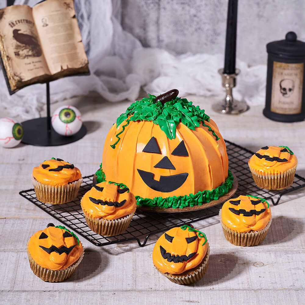 Jack-O’-Lantern Cake & Cupcake Set, halloween, cake, cupcake, sweets