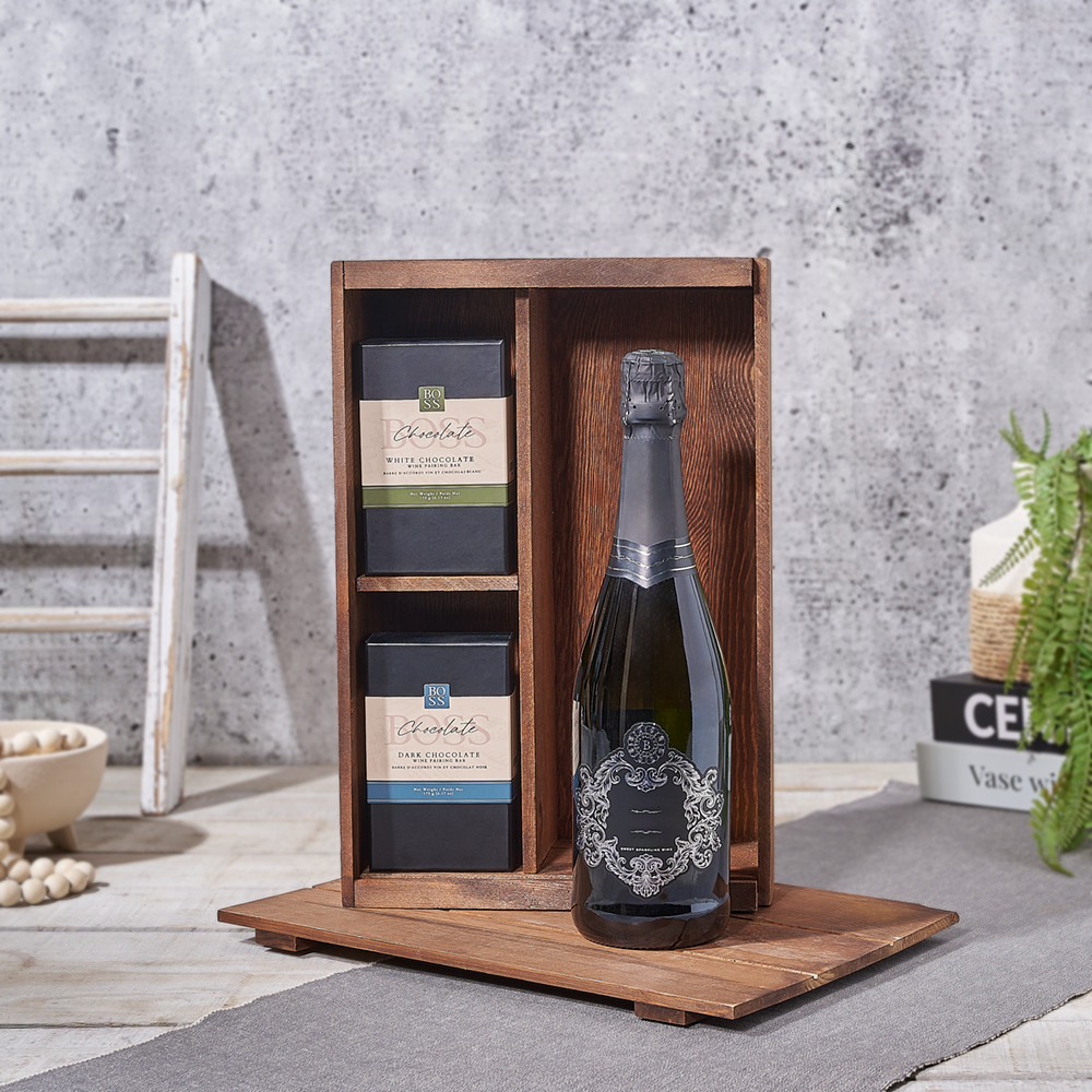 Kosher Champagne &amp; Artisan Chocolate Gift Box, champagne gift, champagne, sparkling wine gift, sparkling wine, kosher gift, kosher, Canada delivery