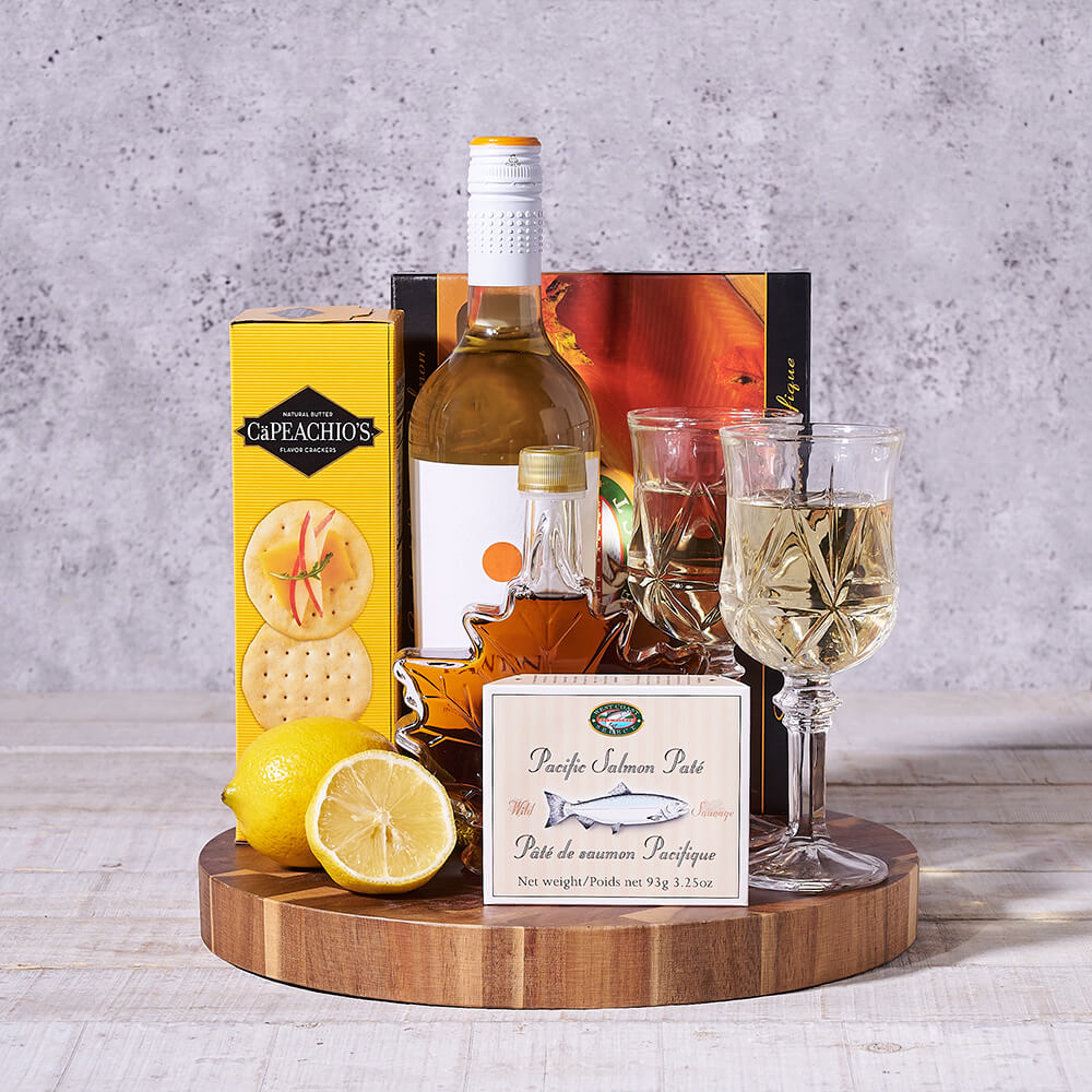 Maple Pleasures Wine &amp; Gourmet Board, wine gift, wine, gourmet gift, gourmet, seafood gift, seafood