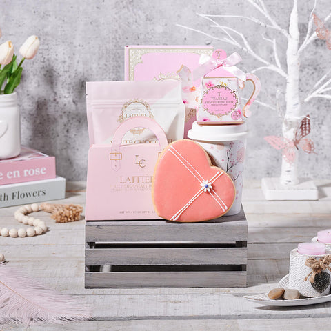 Perfectly Pink Tea & Cookie Crate, tea gift, tea, gourmet gift, gourmet, cookie gift, cookie, chocolate gift, chocolate