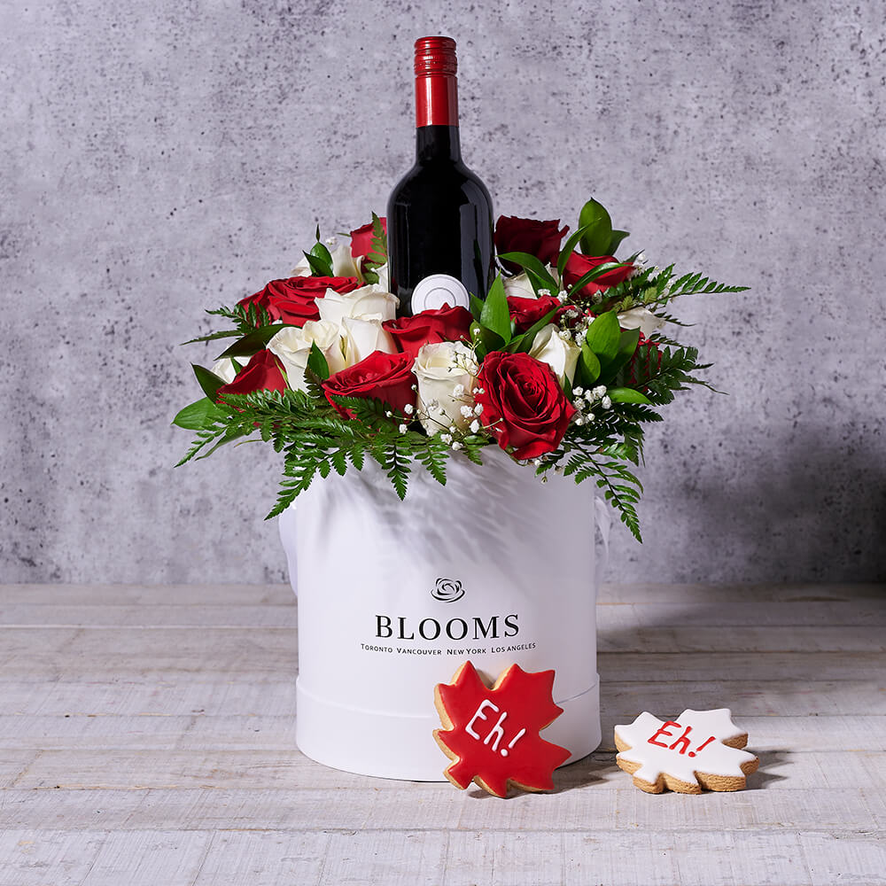 Red And White Delight, canada day gift, canada day, wine gift, wine, gourmet gift, gourmet, floral gift, floral