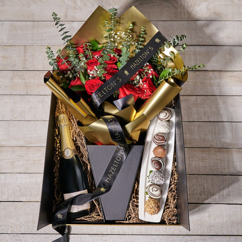 Roses are Red Champagne Gift Box, rose gift, roses, champagne gift, champagne, sparkling wine gift, sparkling wine, rose gift, roses, flower gift, flowers, chocolate covered strawberries, chocolate covered strawberry gift, valentines gift, valentines