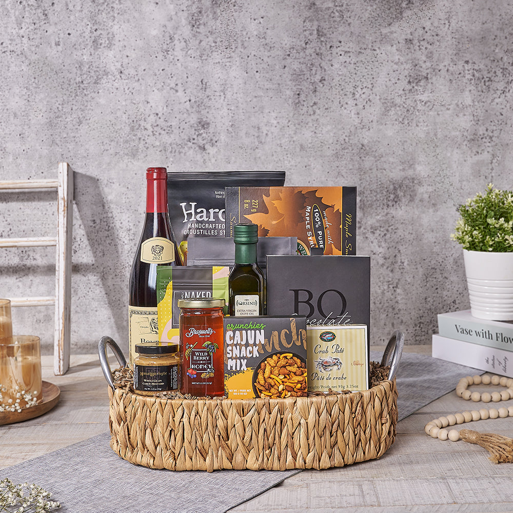 Coastal Seafood & Wine Gift Tray, seafood gift, seafood, wine gift, wine, salmon gift, salmon, chocolate gift, chocolate, Canada delivery