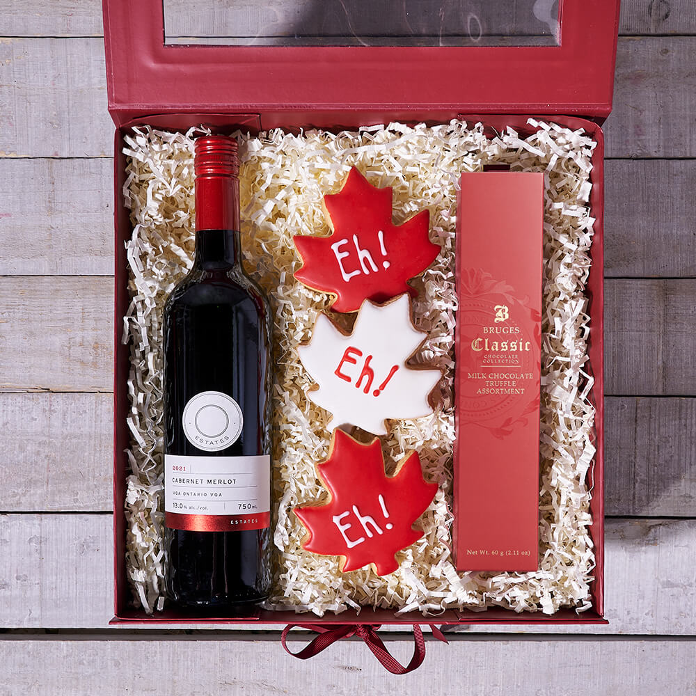 Taste of Canada Gift Basket, canada day gift, canada day, wine gift, wine, gourmet gift, gourmet, cookie gift, cookie