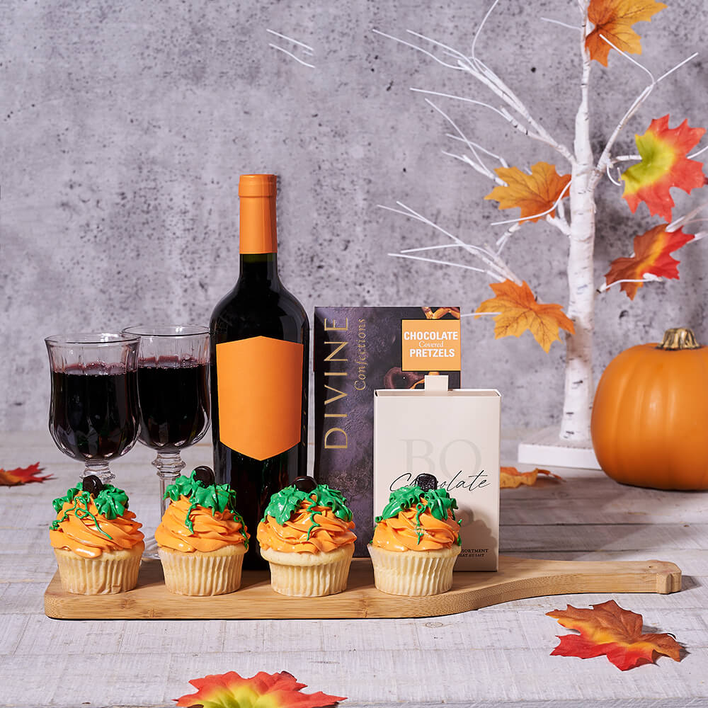 Thanksgiving Wine & Snacks Bounty, wine gift, wine, gourmet gift, gourmet, cupcake gift, cupcake, cake gift, cake, thanksgiving gift, thanksgiving