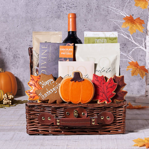 Thanksgiving Wine & Treats Basket, wine gift, wine, thanksgiving gift, thanksgiving, gourmet gift, gourmet, cookie gift, cookie, fall gift, fall