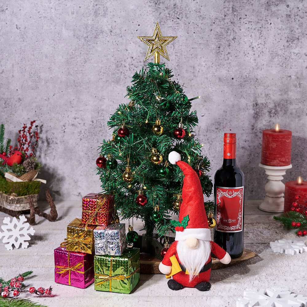The Festive Gnome & Wine Tree Set, wine gift, wine, christmas gift, christmas, holiday gift, holiday