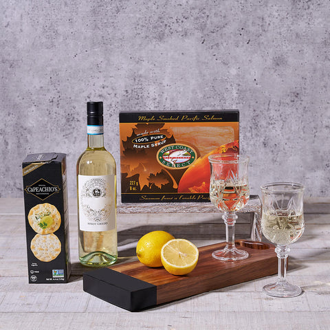 Wild Salmon & Wine Gift Basket, wine gift, wine, seafood gift, seafood, gourmet gift, gourmet