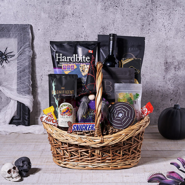 Halloween Wine & Sweet Delights Gift Basket, candy gift, candy, gourmet gift, gourmet, wine gift, wine, halloween gift, halloween, coffee gift, coffee