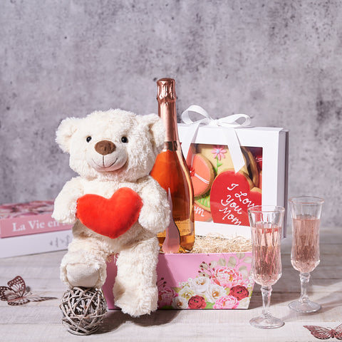 Exquisite Mother's Day Sparkling Wine & Plush Gift, champagne, champagne gift, champagne for mother's day, mother's day, mother's day gift, teddy bear gift, cookie gift