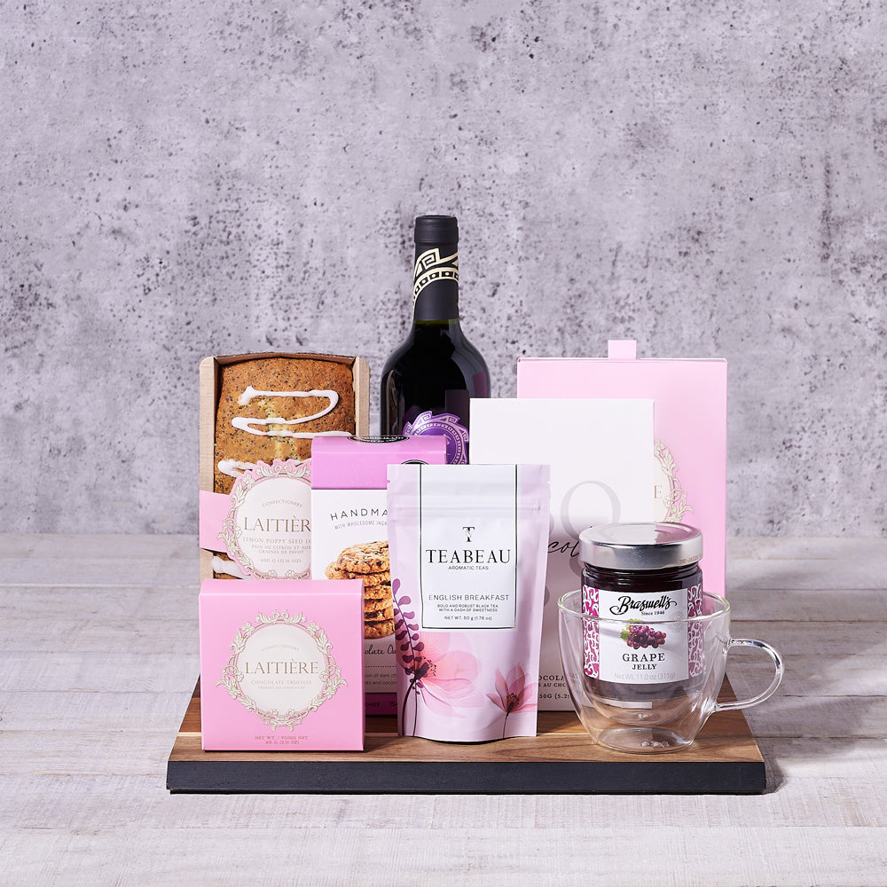 Cozy Wine, Tea &amp; Sweet Treats Gift Board, wine gift, wine, tea gift, tea, chocolate gift, mother's day, mother's day gift