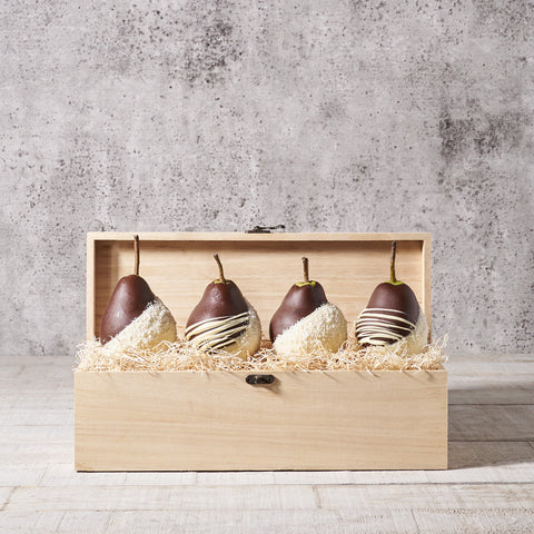  The Chocolate Pears Gift Set – Chocolate gift baskets – Canada delivery, pears, chocolate dipped pears, chocolate dipped, wooden box