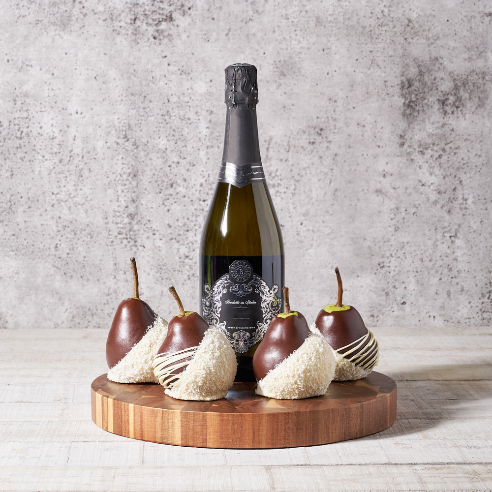 Chocolate Pears &amp; Sparkling Wine Dessert Tray – Wine gift baskets – Canada delivery, champagne gift baskets, gift baskets, baskets, gifts, champagne, sparkling wine, pears, chocolate dipped pears, chocolate dipped, wood cutting board