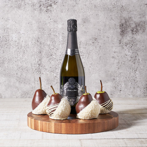 The Chocolate Pears with Champagne Gift Set – Wine gift baskets – Canada delivery, champagne gift baskets, gift baskets, baskets, gifts, champagne, sparkling wine, pears, chocolate dipped pears, chocolate dipped, wood cutting board
