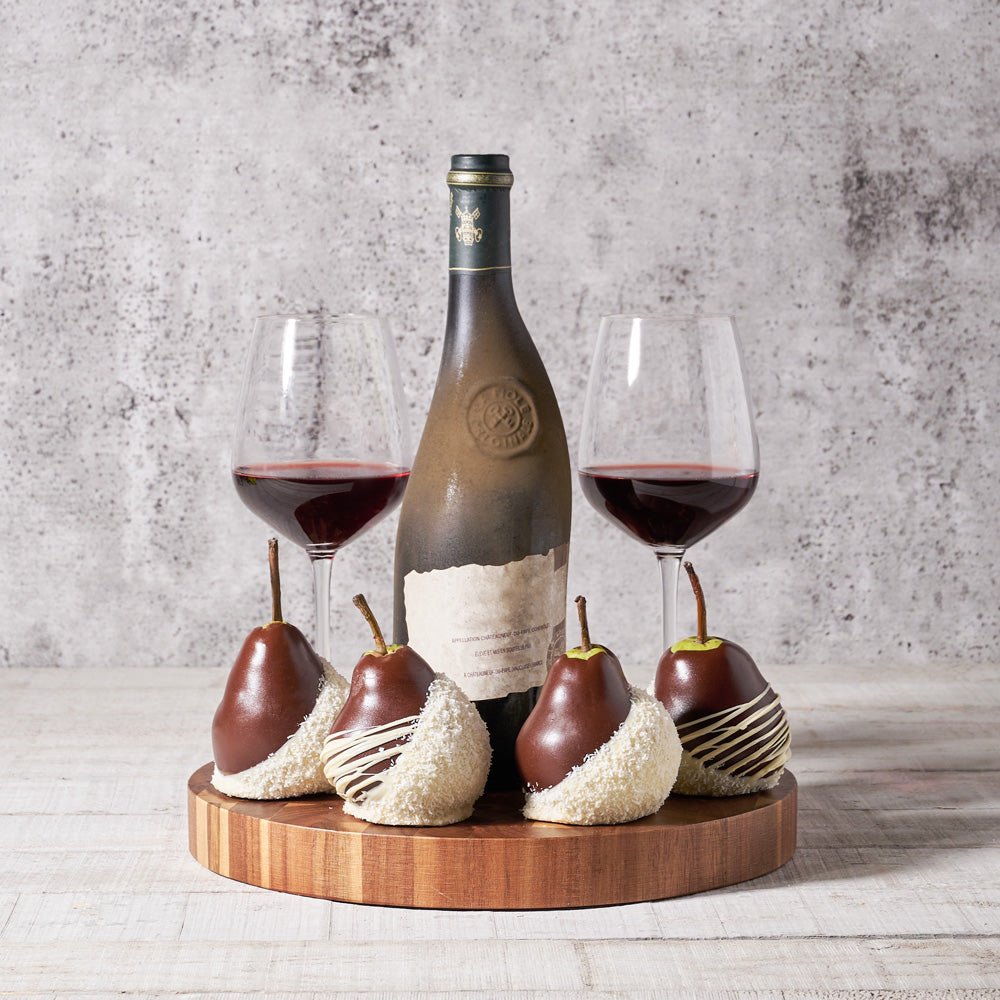 Fine Wine & Pears Gift Basket – Wine gift baskets – Canada delivery, wine, wine gift baskets, gift baskets, baskets, chocolate dipped pears, pears, chocolate, chocolate dipped, wine glasses, wine glass, cutting board