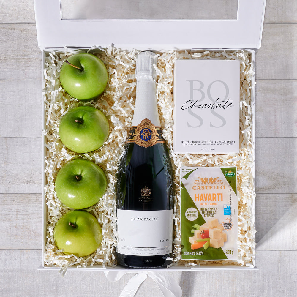 Fruit &amp; Cheese Gift Box with Champagne, gourmet gift, gourmet, champagne gift, champagne, sparkling wine gift, sparkling wine, fruit gift, fruit