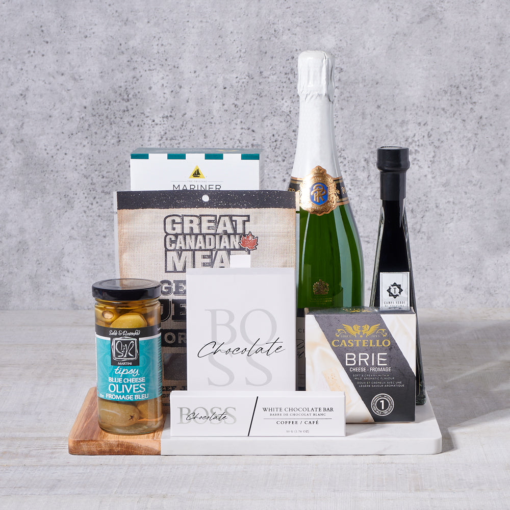 Charming Champagne Gift Board, gourmet gift, gourmet, sparkling wine, sparkling wine gift, champagne gift, champagne, cheeseboard gift, cheeseboard