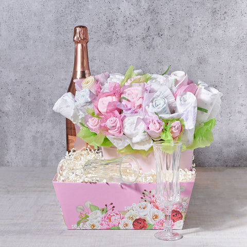 Baby Girl Sweet Arrival Gift Basket, sparkling wine gift, sparkling wine, champagne gift, champagne, baby gift, baby, new baby girl gift, new baby girl