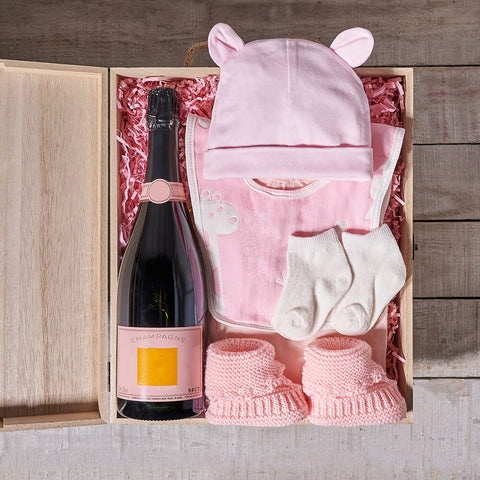 Baby Girl Arrival Crate, champagne gift, champagne, sparkling wine gift, sparkling wine, baby gift basket, baby gift, baby, baby shower gift
