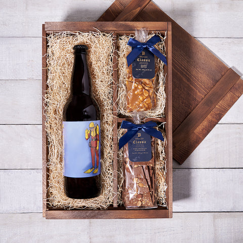 Gourmet beer gift in a box with dark chocolate almond bark and peanut brittle, Same day Canada delivery 